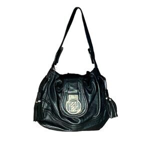 Anne Klein Black Pebble Leather Shoulder Bag W/ Silver Logo & Magnetic Closure